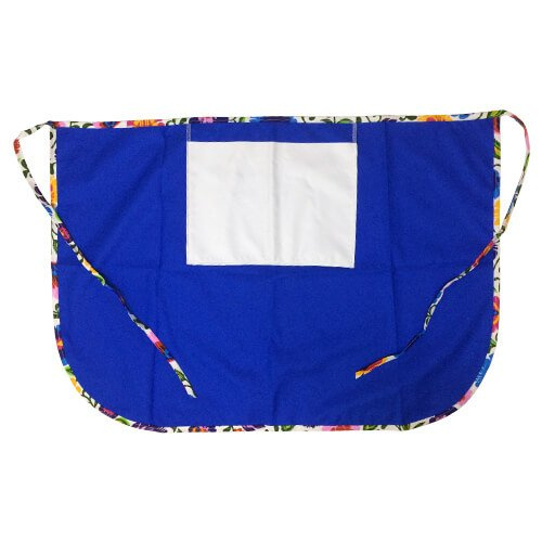 Klasszikus konyhai kötény nyomtatható zsebbel - kék színű szalaggal - fehér szláv virágokkal