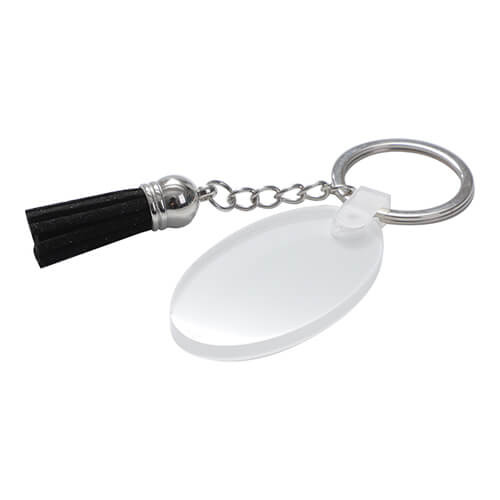 Breloc acrilic pentru sublimare - oval cu ciucure negru