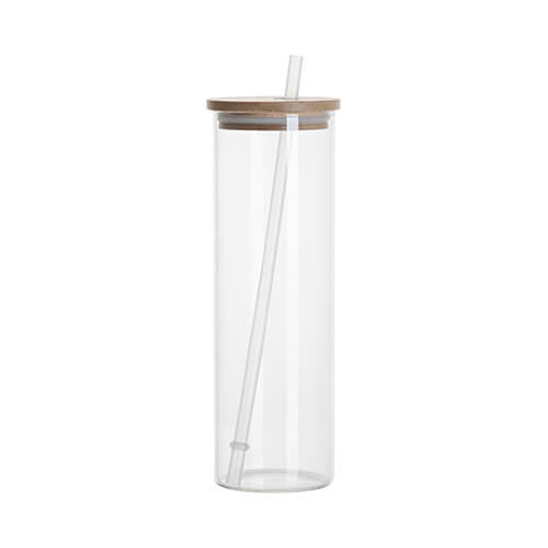 600 ml sklenený hrnček s bambusovým viečkom a slamkou na sublimáciu