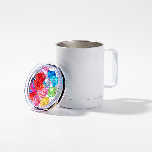 Cană de cafea 300 ml pentru sublimare - albă, capac cu gheață artificială colorată