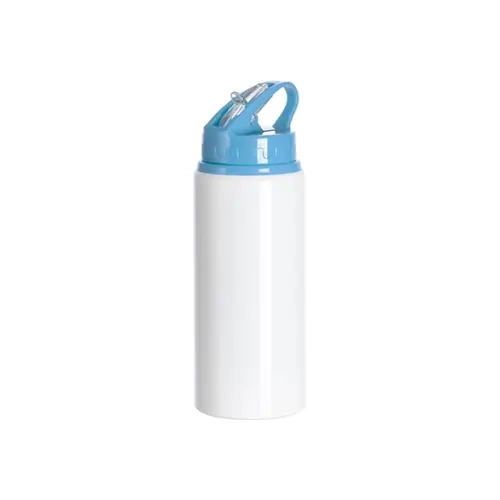 Aluminiumsflaske med mundstykke 600 ml hvid med lyseblå hætte og sublimeringsholder