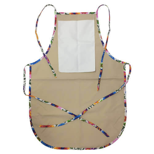 Lekerekített konyhai kötény nyomtatott zsebbel - bézs színű szalaggal - fehér szláv virágokkal