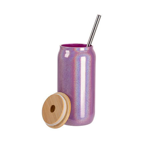 Pahar de 550 ml cu pai și capac de bambus pentru sublimare - Sclipici violet