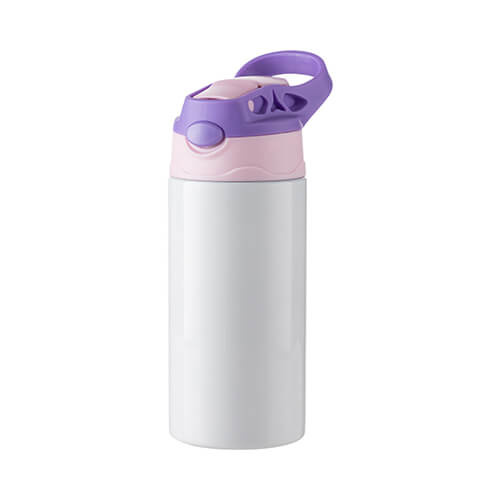 Una botella de agua para niños de 360 ml hecha de acero Steel para sublimación - blanca con un tapón de rosca rosa-violeta