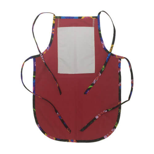 Rond kinderschort met bedrukte zak - rood met gekleurde bies - zwarte Slavische bloemen
