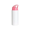 Botella de aluminio con boquilla 600ml blanca con tapón rosa y soporte para sublimación