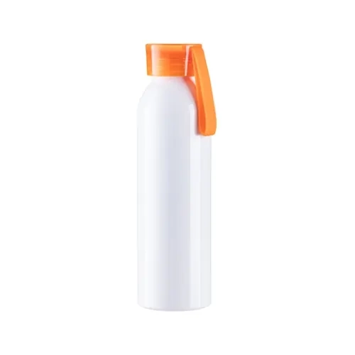 750 ml sportsflaske i hvid aluminium med orange hætte og sublimeringsstribe