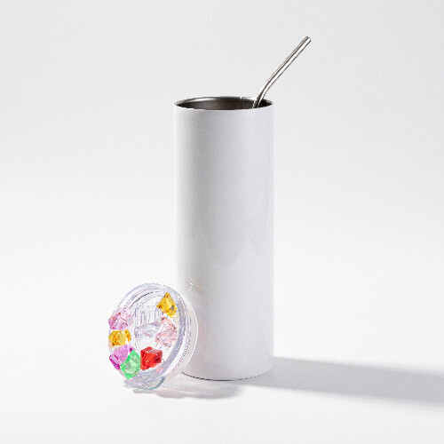 Mug 600 ml avec paille pour sublimation - blanc, couvercle avec glace coloré artificielle