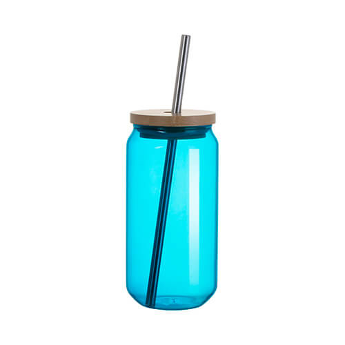 550 ml glas met een rietje en een bamboe deksel voor sublimatie - turquoise