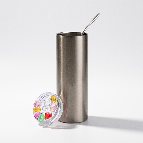 Mok van 600 ml met een rietje voor sublimatie - zilver, deksel met kunstmatig gekleurd ijs