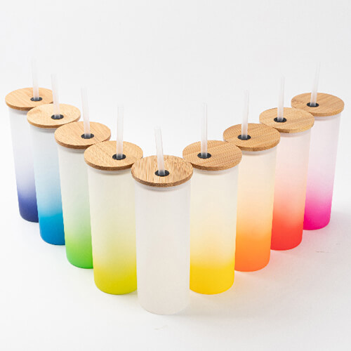 500 ml matēta krūze ar bambusa vāku un salmiņu sublimācijai - zils gradients