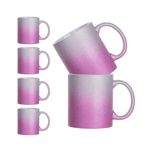 Set of 6 ceramic mugs 330 ml Glitter for printing - silver and pink