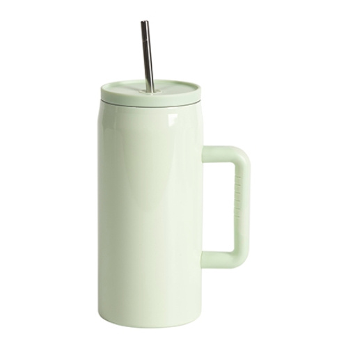 Stainless steel travel mug 1200 ml with handle and straw, with waterproof lid - light green