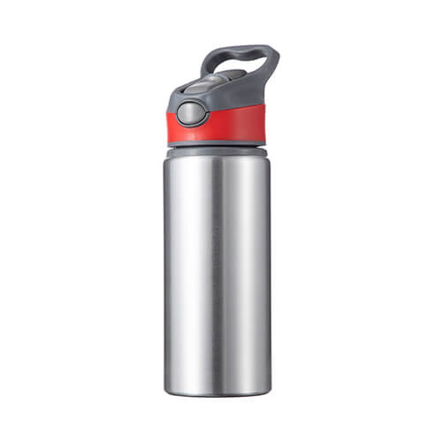 Sticlă din aluminiu 650 ml argintie cu capac cu șurub cu inserție sublimată roșie