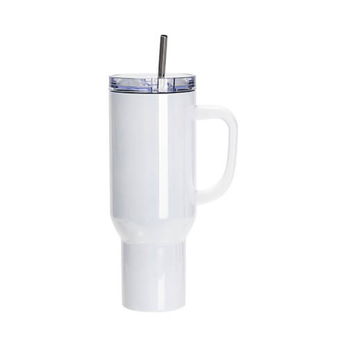Ruostumattomasta teräksestä valmistettu 1200 ml muki, jossa on kansi ja olki sublimaatiota varten - väriltään valkoinen