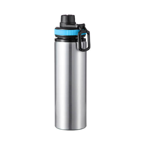 Bouteille d'eau en aluminium argenté de 850 ml avec un bouchon à vis avec un insert bleu pour la sublimation