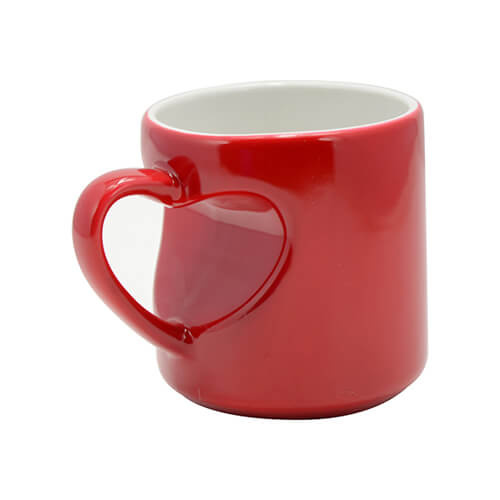 Magic mug for couples with eyelet in the shape of heart for sublimation printing - red