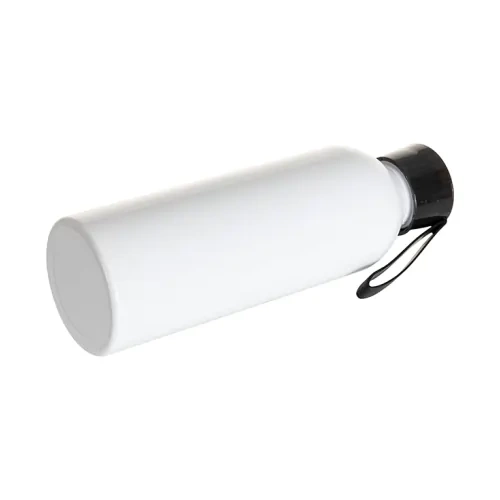 750 ml witte aluminium sportfles met zwarte dop en sublimatiestrip