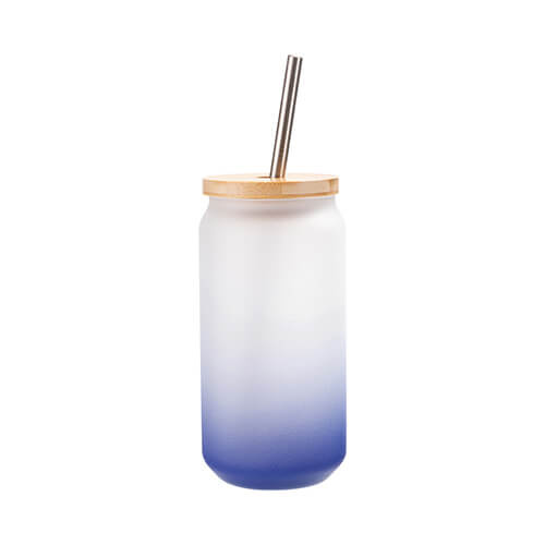 Sticlă mată de 550 ml cu pai și capac de bambus pentru sublimare - gradient albastru marin