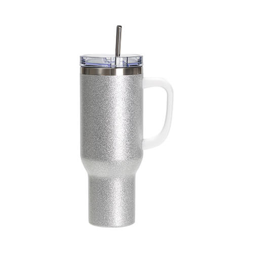 Brokāta nerūsējošā tērauda krūze 1200 ml ar vāciņu un salmiņu sublimācijai - sudraba krāsā