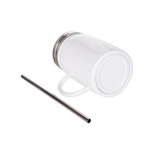 Cană Mason Jar 500ml cu pai și mâner pentru sublimare - alb