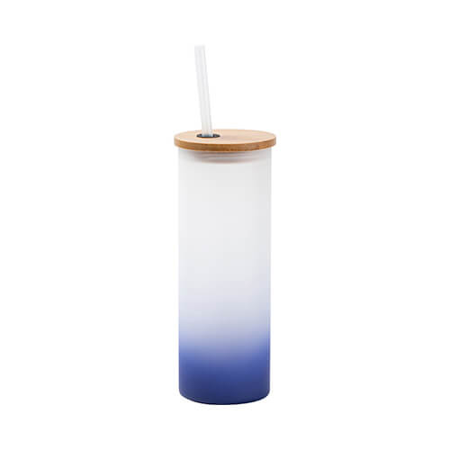 Een matte mok van 500 ml met een deksel van bamboe en een rietje voor sublimatie - marineblauw verloop