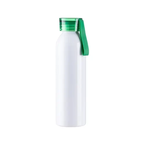 Bouteille sport en aluminium 650ml blanche avec bouchon vert et bande de sublimation