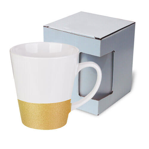 Lattekrus 300 ml med glitterstrimmel til sublimering - guld + papkasse KAR3