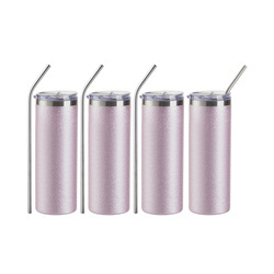 Sæt med 4 kopper med sugerør 600 ml Glitter med tryk - pink