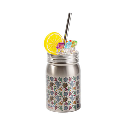 Mason Jar 500 ml krūze ar salmiņu un sublimācijas rokturi - sudrabs, mākslīgais ledus un citrons