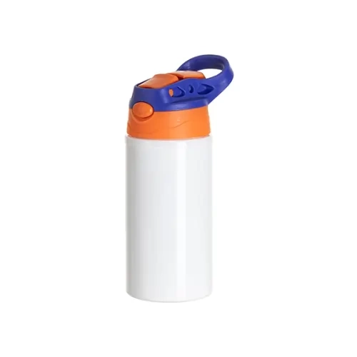 Aluminijasta steklenica 500 ml bele barve z oranžnim pokrovčkom in mornarsko modrim ročajem za sublimacijo