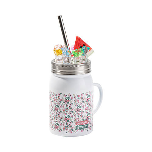 Mug Mason Jar 500 ml avec paille et anse sublimation - blanc, glace artificielle et pastèque