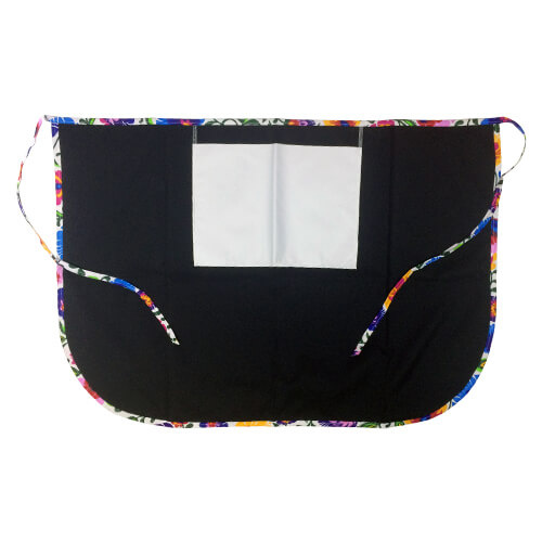 Klasična kuhinjska pregača s džepom za print - crna s obojenim rubom - bijelo slavensko cvijeće