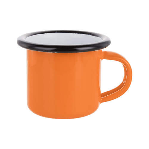 Smaltovaný hrnček 100 ml oranžový s čiernym okrajom Sublimačný termotransfer