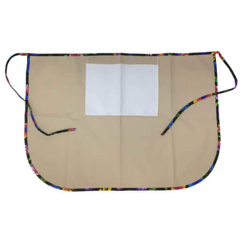 Klassiek keukenschort met zakje om te bedrukken - beige met gekleurde bies - zwarte Slavische bloemen