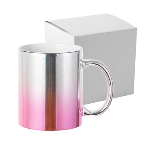 Mug plaqué or 330 ml pour sublimation - dégradé argent-rose avec une boîte en carton