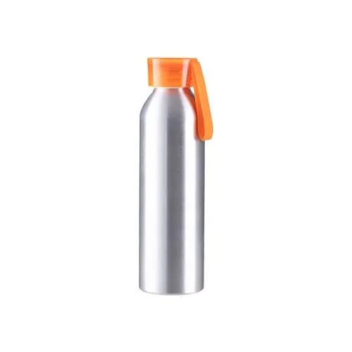Aluminijeva športna steklenica 650 ml srebrne barve z oranžnim pokrovčkom in sublimacijskim trakom