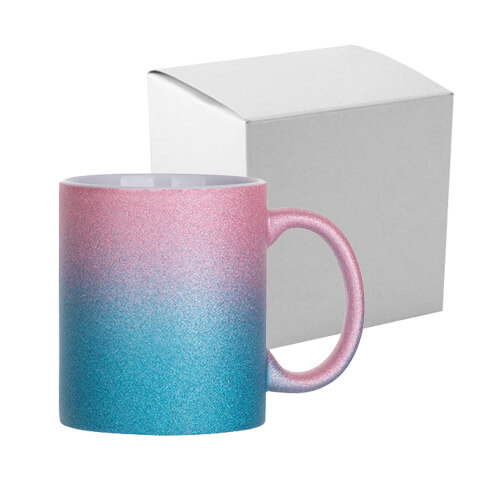 Mug 330 ml avec paillettes pour sublimation avec une boite en carton - dégradé bleu-rose