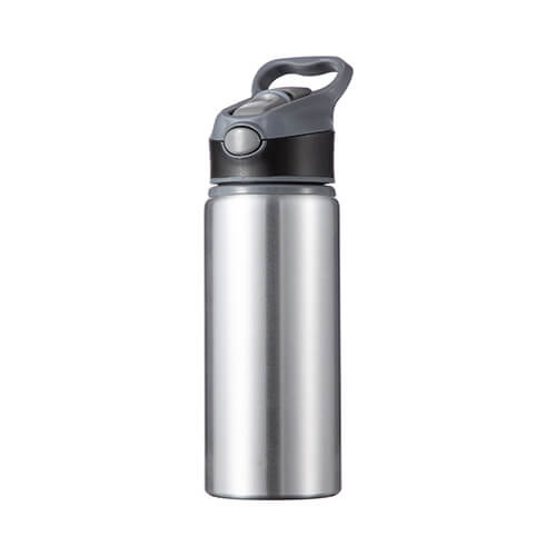 Gourde en aluminium 650 ml argent avec un bouchon à vis avec un insert noir pour sublimation