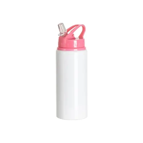 Aluminium fles met mondstuk 600ml wit met roze dop en sublimatiehouder