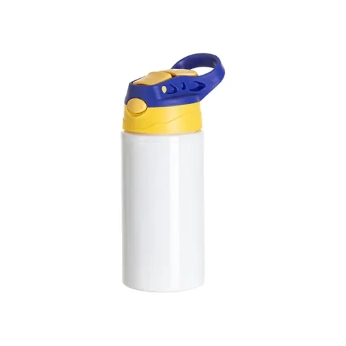 Bouteille en aluminium 500 ml blanche avec bouchon jaune et poignée bleue pour sublimation
