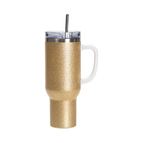 Brokāta nerūsējošā tērauda krūze 1200 ml ar vāciņu un salmiņu sublimācijai - zelta krāsā