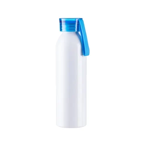 Alumīnija sporta pudele 650ml balta ar zilu vāciņu un sublimācijas joslu