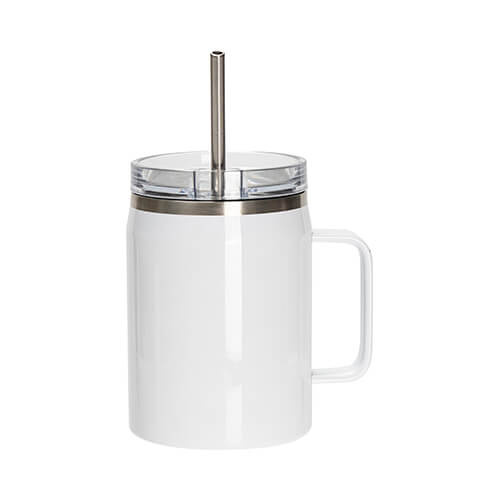 Viinimuki 900 ml vedenpitävällä kannella ja oljella sublimaatiota varten - valkoinen