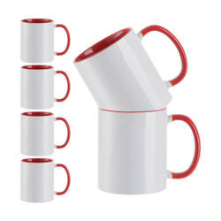 Lot de 6 gobelets 330 ml A+ avec intérieur rouge et anse sublimation