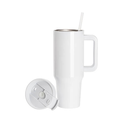 Krus 1200 ml med sugerør og lysegråt håndtag til sublimering - hvid