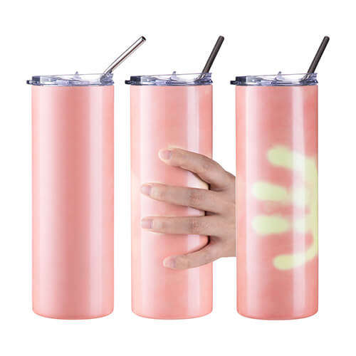 Cană de 600 ml cu pai pentru sublimare - își schimbă culoarea sub acțiunea căldurii din portocaliu în galben