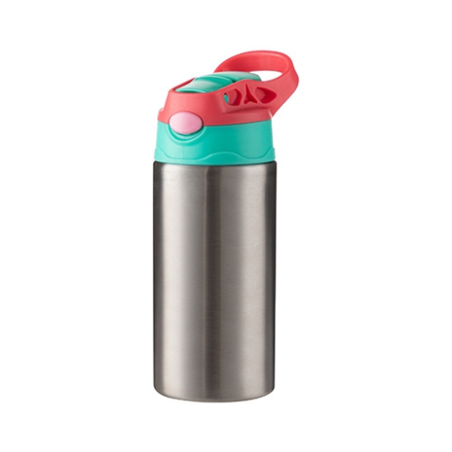 A 360 ml children's water bottle made of stainless steel for sublimation - Silver with a green-pink screw cap