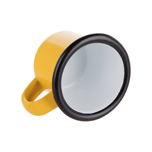 Taza esmaltada de 100 ml amarilla con borde negro para impresión por termotransferencia