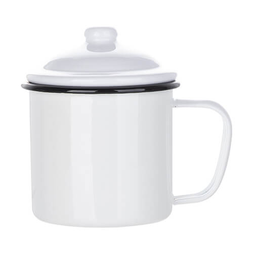 700 ml metalinis emaliuotas puodelis su dangteliu, skirtas sublimacijai - baltas su juodu apvadu